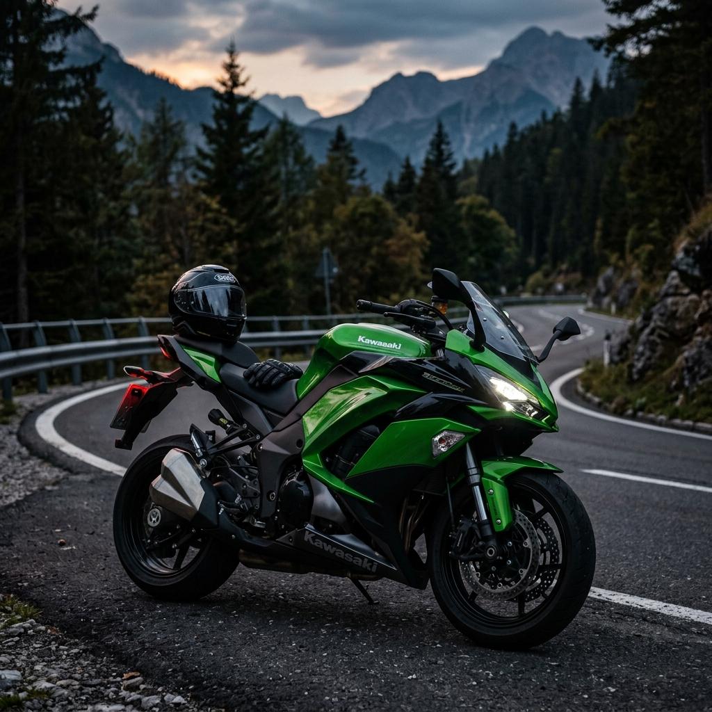 Kawasaki Z1000SX on a mountain road at dusk